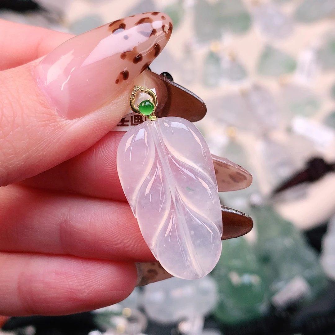 翡翠颈饰18K金镶嵌飘花叶34.3、28、16、4