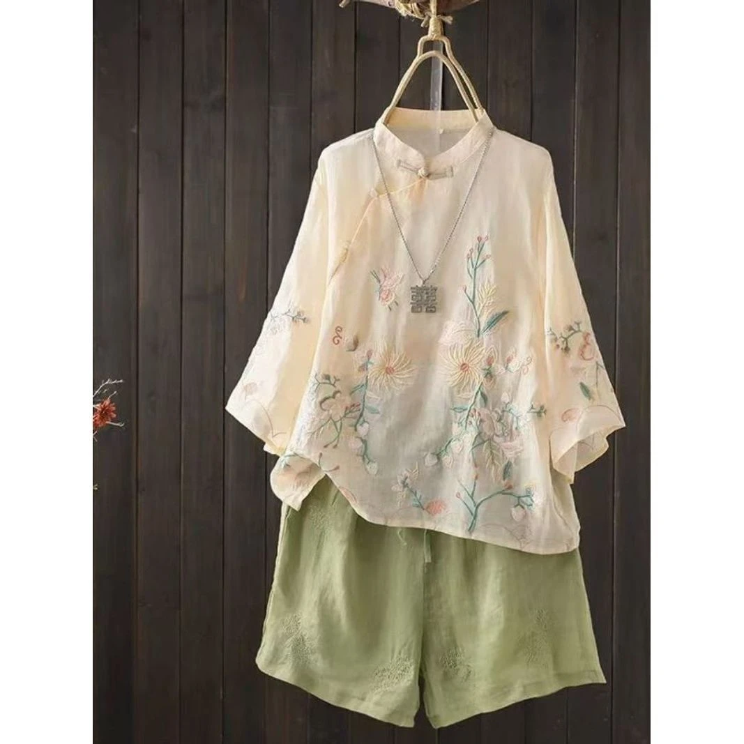 文艺复古民族风刺绣绣花衬衫上衣夏季薄款盘扣立领上衣气质小衫