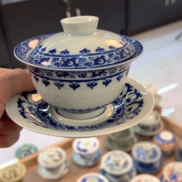 瓷片白青花宝相元宝盖碗全品