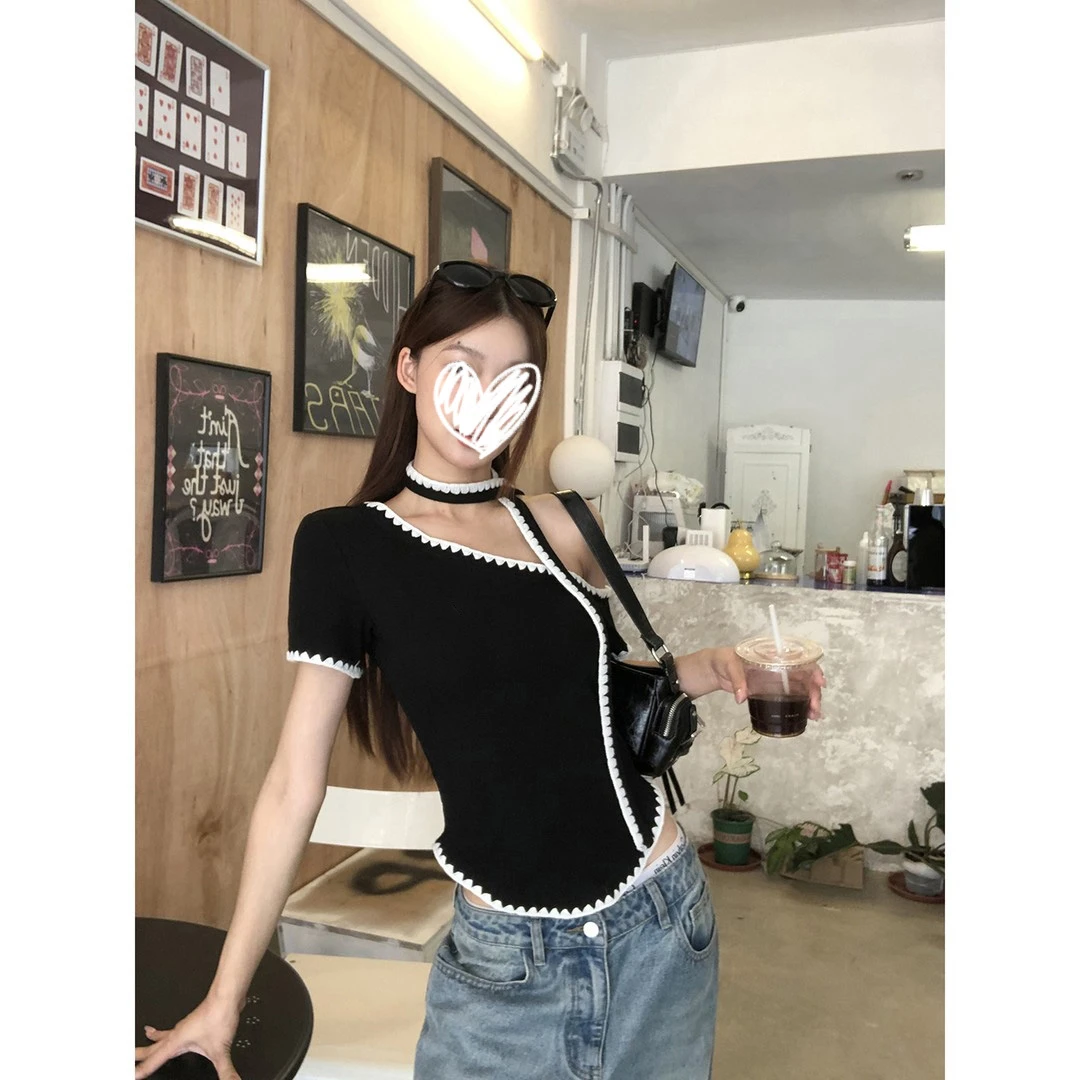 2025年春夏新款美式复古撞色拼接辣妹修身显瘦短袖恤