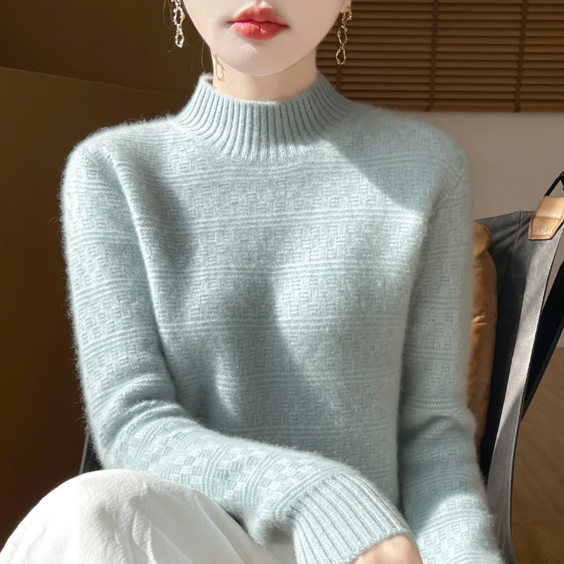 七针加厚提花半高领保暖宽松显瘦软糯100羊毛衫气质百搭毛衣女冬Z