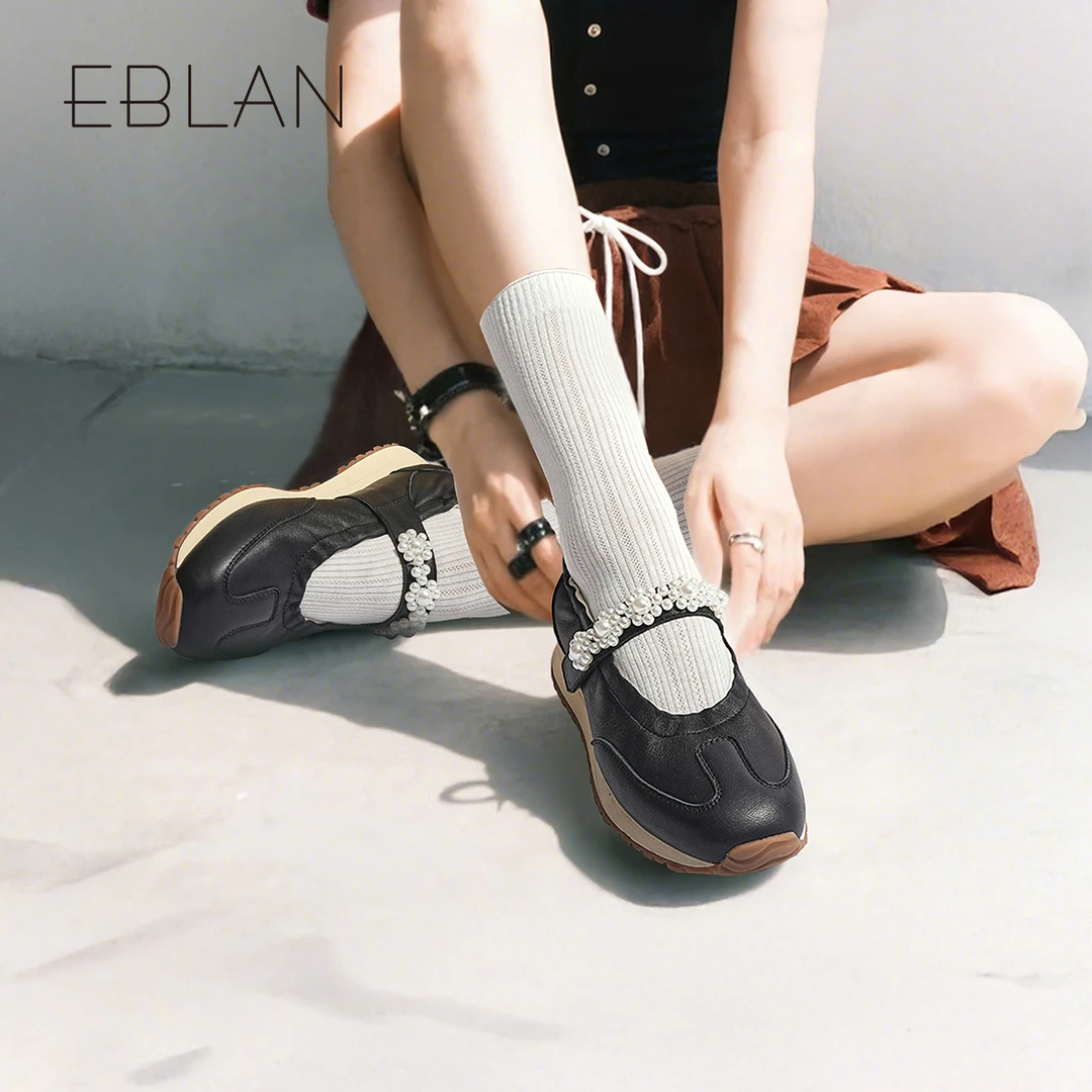 EBLAN/伊伴2025春夏新款浅口珍珠链百搭时尚德训平底软底休闲鞋