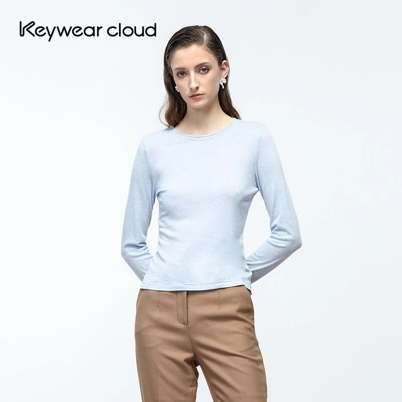 Keywearcloud奇威秋季莱赛尔绵羊毛混纺清新纯色圆领长袖修身T恤