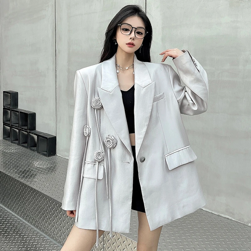 缎面西装外套女春新款高定气质设计感立体花朵宽松高级西服超好看