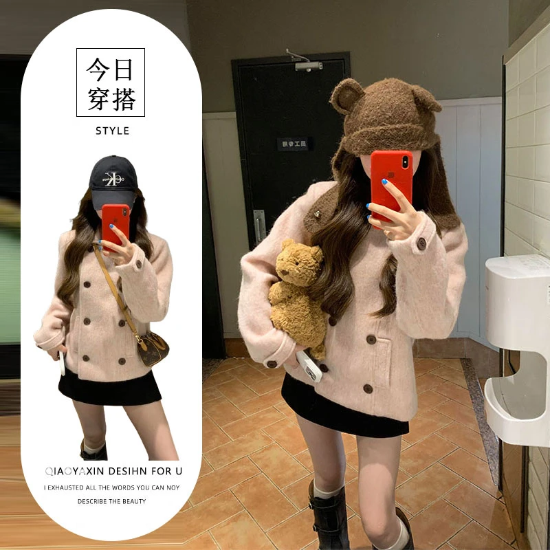 韩系千金风穿搭套装女秋冬季气质翻领呢子外套高腰a字短裙两件套