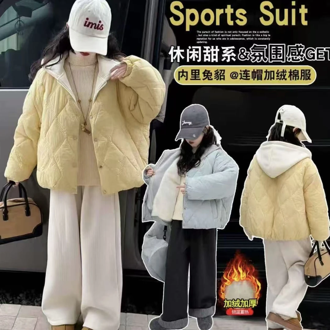 （原版兔毛双层加棉）女童装冬季棉衣中大童加绒棉袄儿童外套