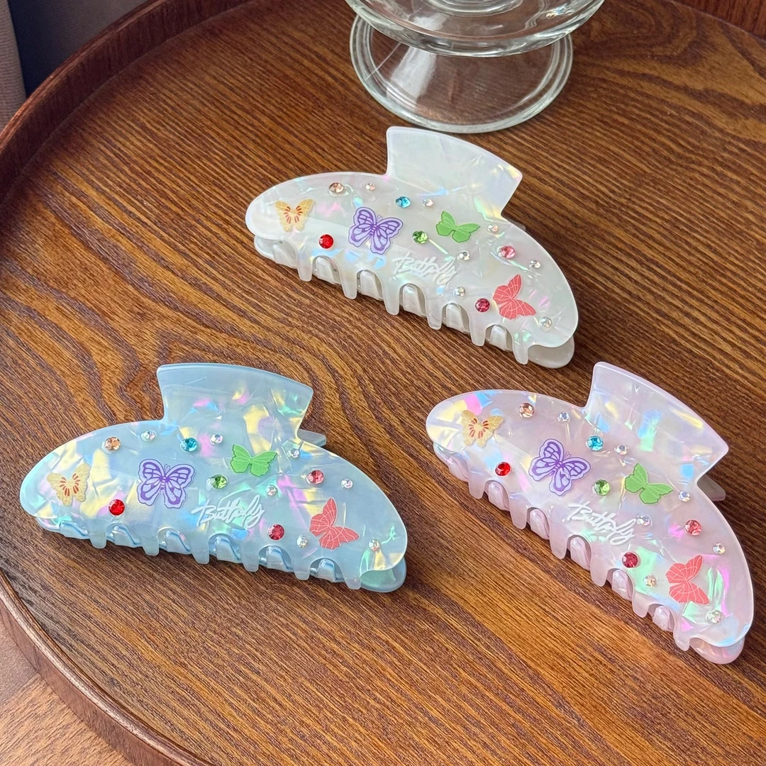 炫彩人鱼姬抓夹高级感镶彩钻蝴蝶印花超仙发夹百搭简约