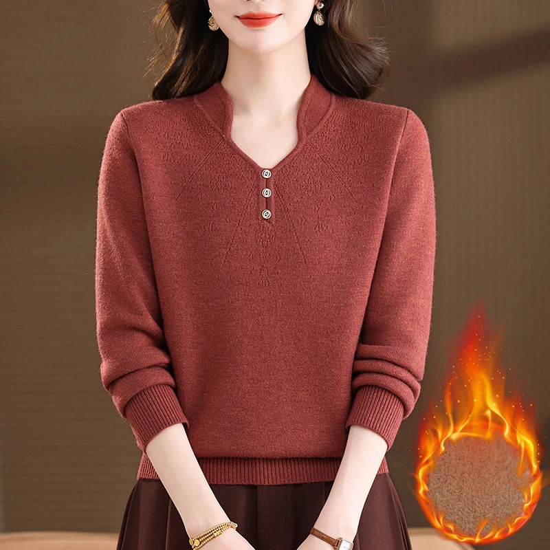 妈妈装加绒加厚毛衣女秋冬2026新款冬季内搭一体绒针织打底衫气质
