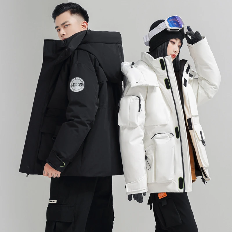 蒙口潮牌羽绒服男女情侣工装羽绒服女高级感中长款冬季保暖羽绒服