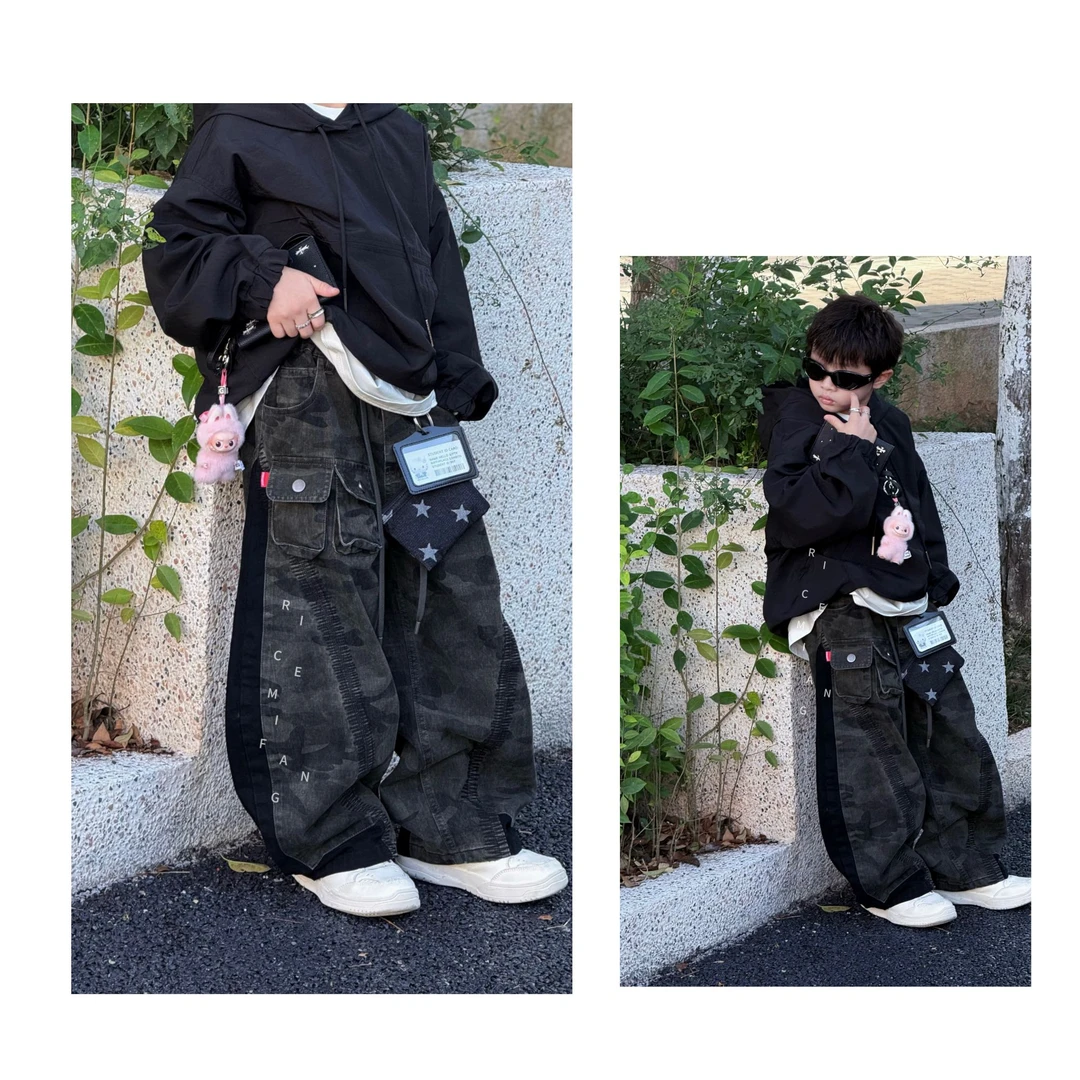 【RICEMIFANG】｜拼接迷彩｜儿童美式弯刀形高街牛仔裤