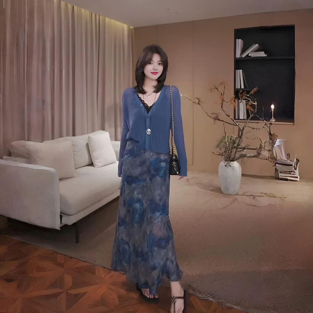 2025秋季新款针织开衫上衣搭印花半身裙套装复古休闲慵懒风