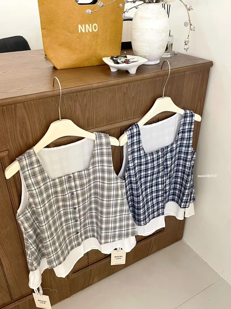 MEENI@A775 韩系小方领格子上衣  6-28