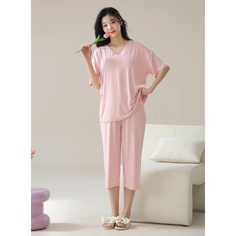 新款女士带胸垫纯色莫代尔短袖七分裤带胸垫家居服套装EC087