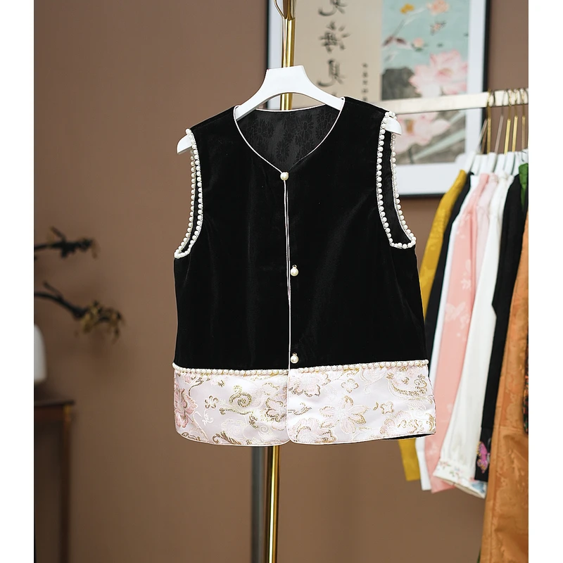 323【金云】气质复古显瘦圆领新中式珠珠拼接双面穿常规款丝绒上衣