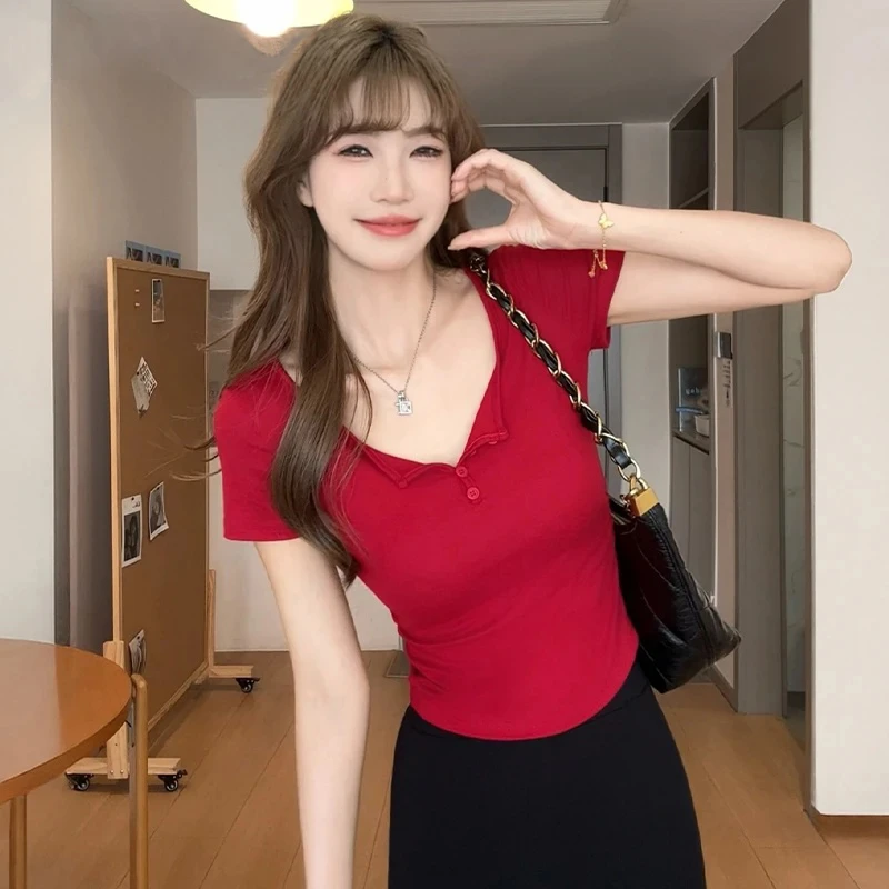 纯欲钓系姐感辣妹半开领短袖T恤女2025夏季收腰显瘦红色上衣果冻t