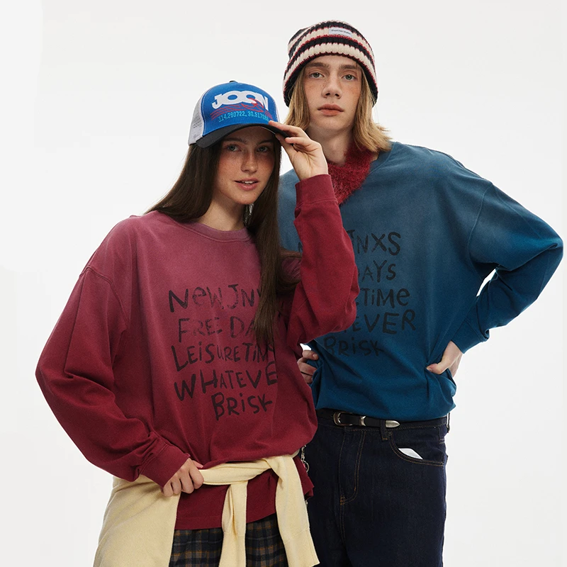 江南先生美式复古渐变水洗字母印花长袖T恤男女秋季情侣JN43B19