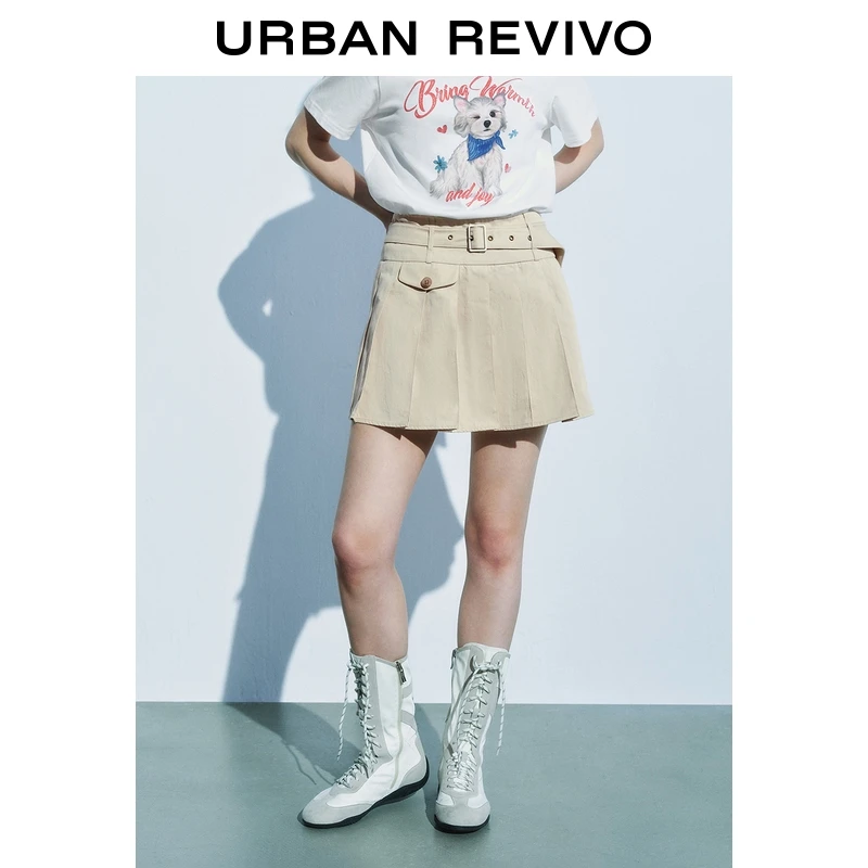 UR2025夏季新款女装复古休闲腰带装饰百褶A字半裙UYL550055
