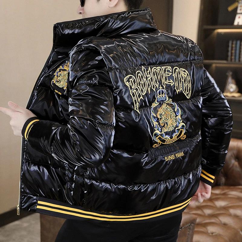 冬季新款男士潮流时尚个性帅气百搭休闲加厚保暖刺绣修身立领棉服