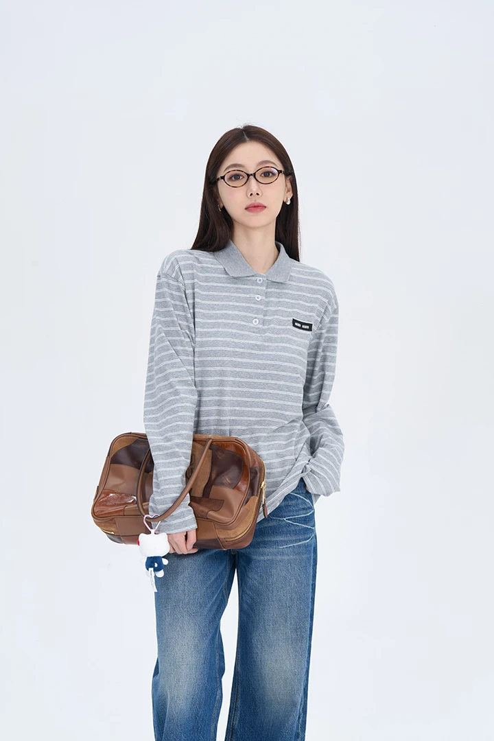 xxoossoo miu系 polo领宽松长袖条纹T恤女春季新款宽松百搭上衣