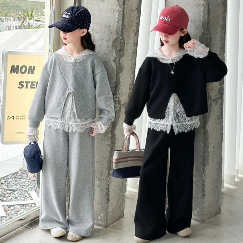 女大童秋季套装2025新款韩版洋气女孩春秋蕾丝卫衣阔腿裤三件套