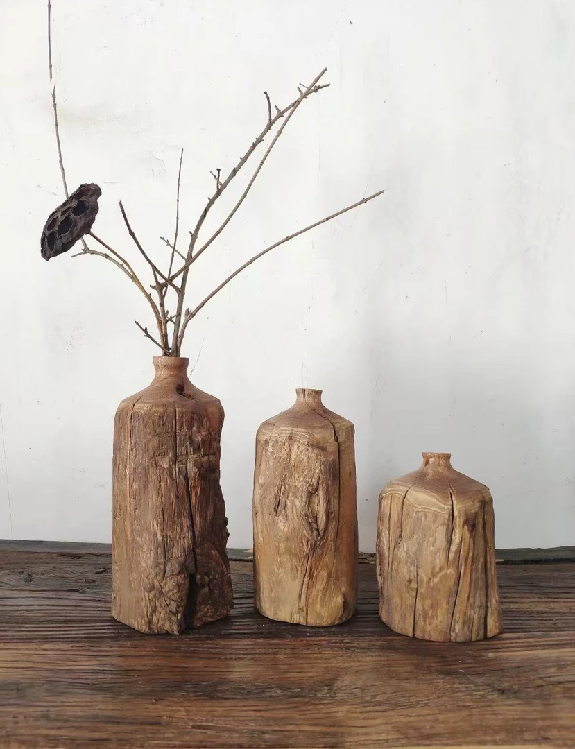 民宿实木花瓶复古木制花器创意侘寂风日式客厅碳化木插花餐桌摆件
