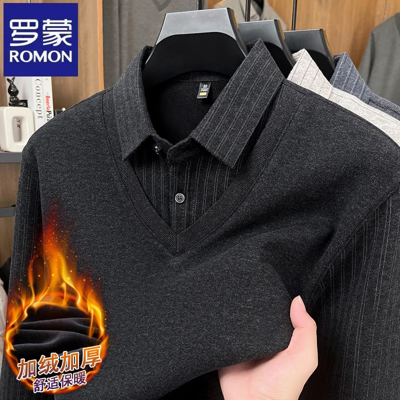 【加绒加厚】罗蒙商务竖条纹假两件毛衣男秋冬季休闲中年男士针织衫
