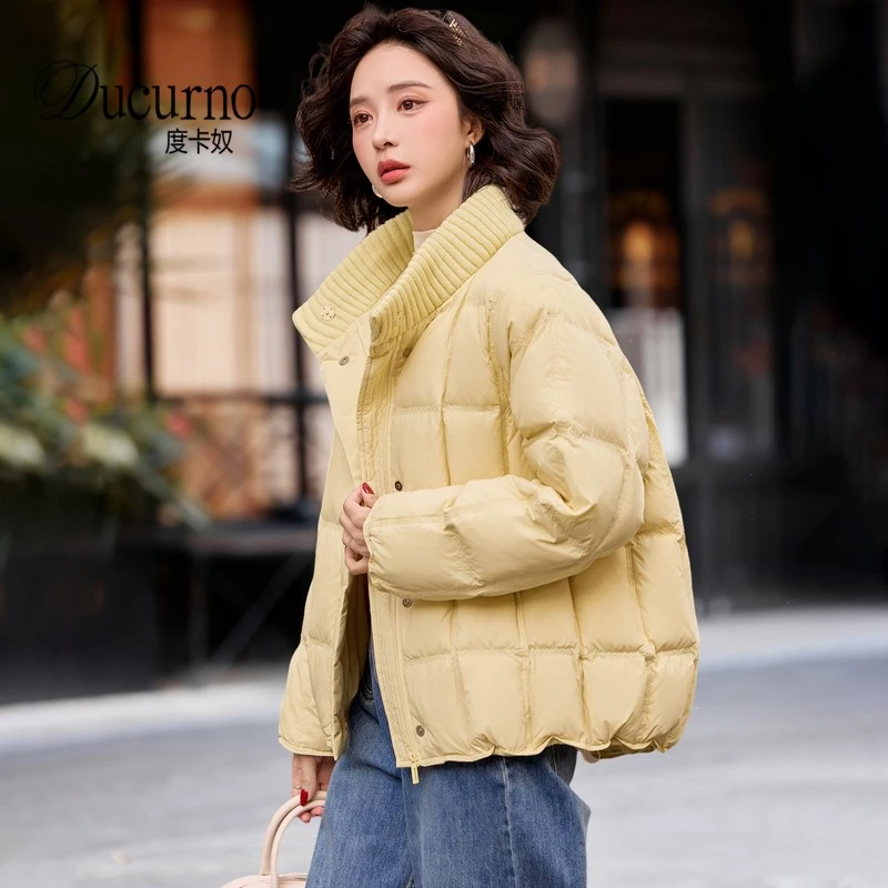 针织立领拼接羽绒服女款短款冬季2026新款宽松休闲保暖白鸭绒外套