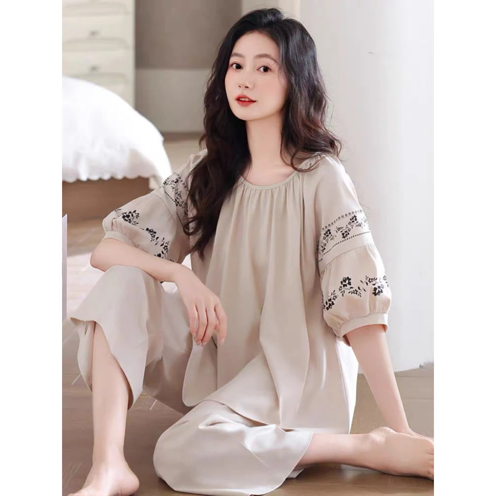 睡衣女士夏纯棉短袖九分裤套装自带胸垫一体可外穿高级家居服套装