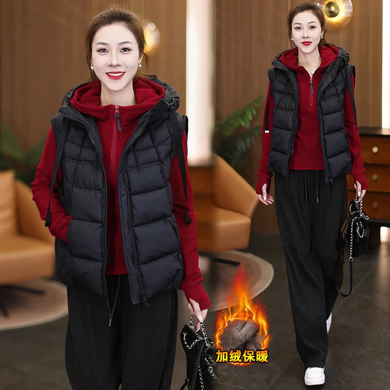 时尚套装女2025冬季新款宽松显瘦加绒保暖卫衣棉马甲背心两件套潮