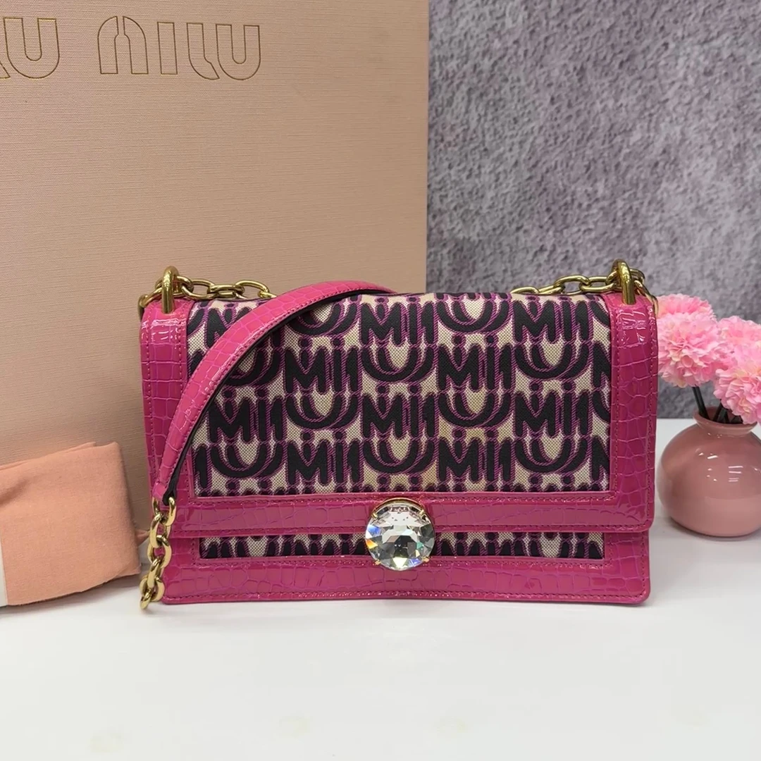 99新 MIU MIU/缪缪 玫红色钻石单肩包C1192602 9427