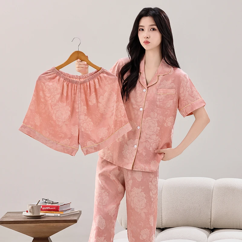 【三件套】春夏季冰雪水光软丝提花宽松家居女士睡衣可外穿休闲套装