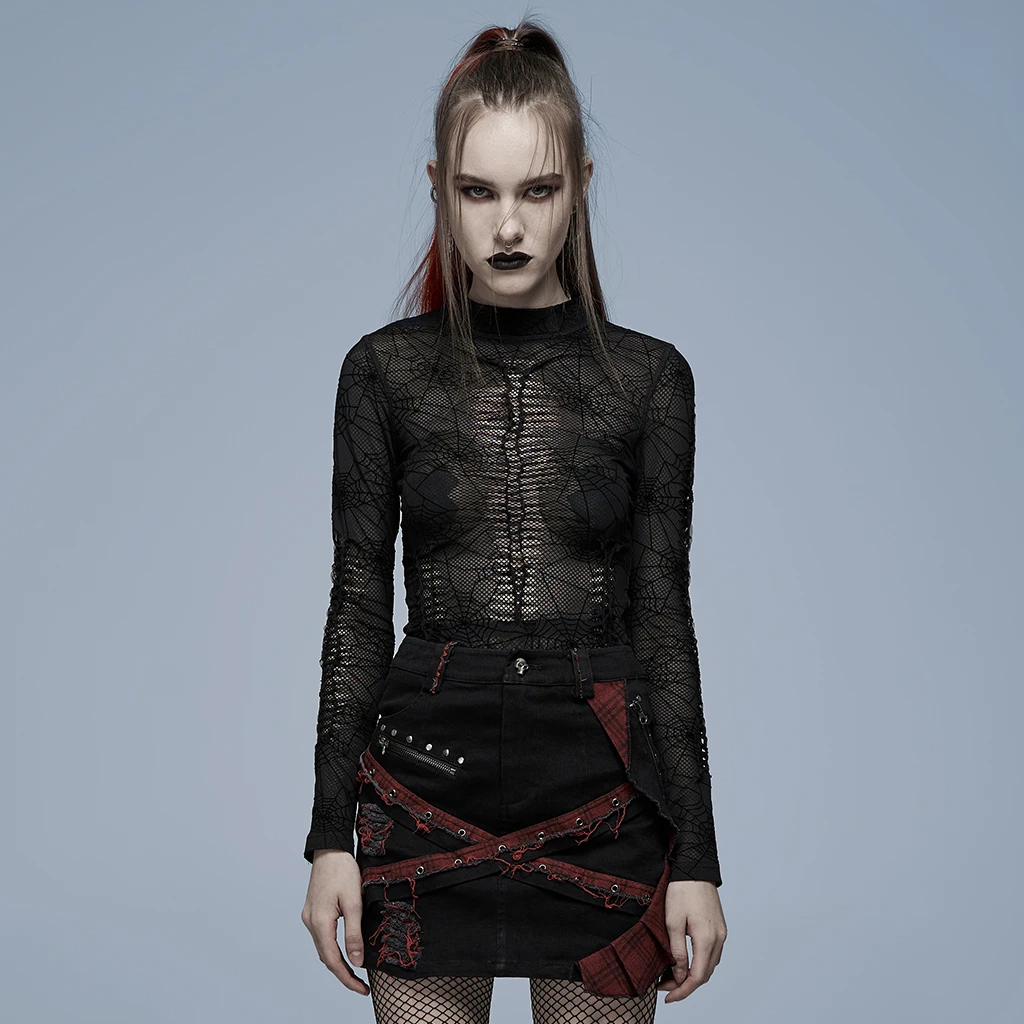 哥特风蛛网蕾丝长袖性感紧身破洞T恤WT-695TCF