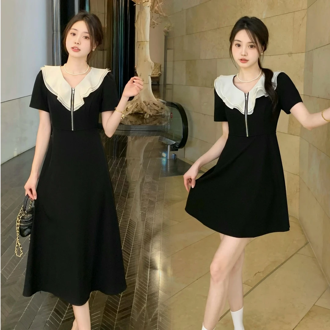 （现货 )法式荷叶边气质连衣裙女胖mm夏小个子收腰显瘦a字裙1563