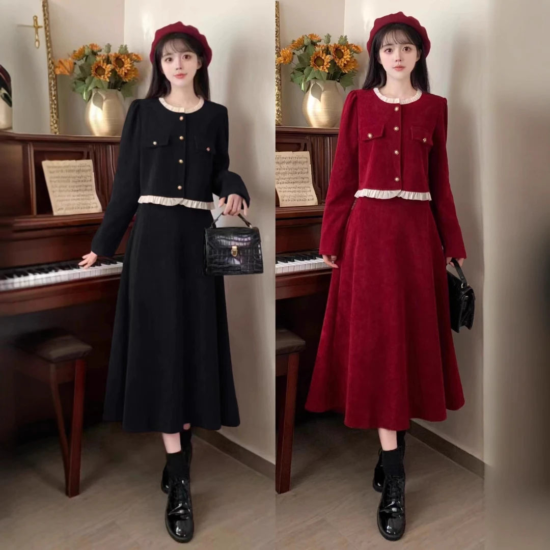 秋冬季小香风套装裙子显瘦大码胖mm法式红色灯芯绒