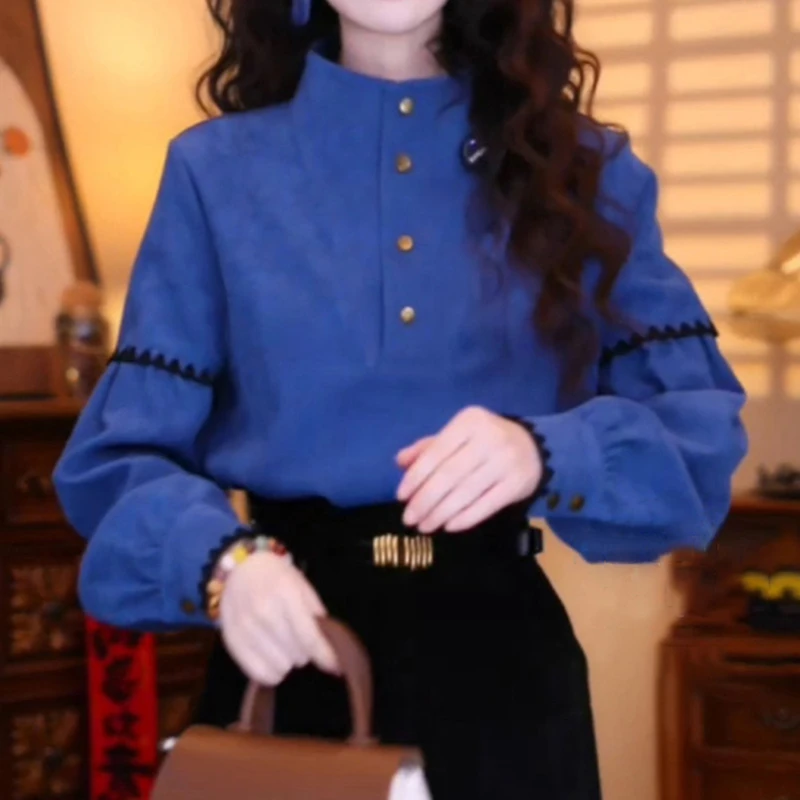 设计感立领百搭衬衫女2025冬季新款韩系减龄休闲时尚撞色长袖上衣