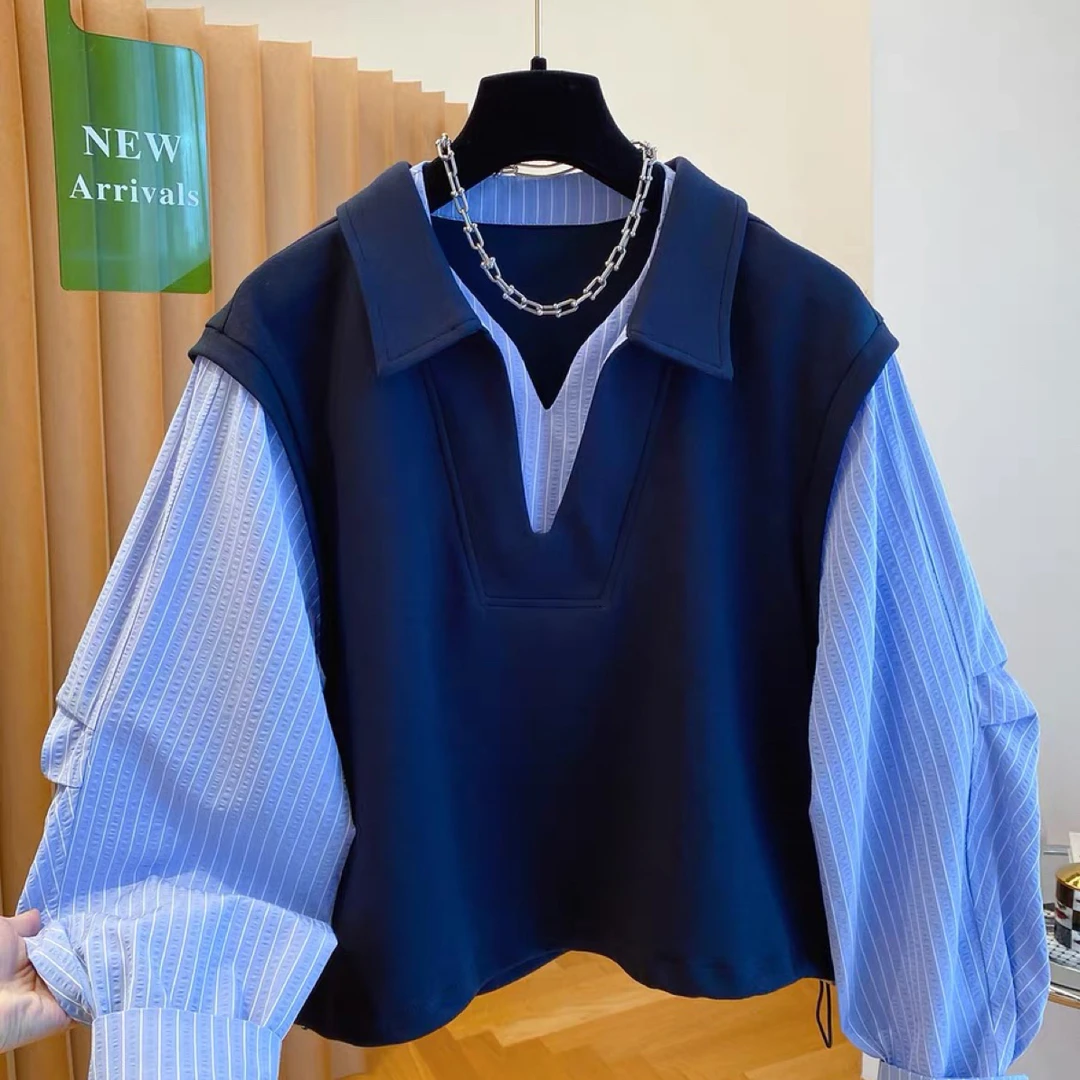 韩里韩气蓝色条纹衬衫袖拼接卫衣早秋装2025新款宽松假两件上衣女