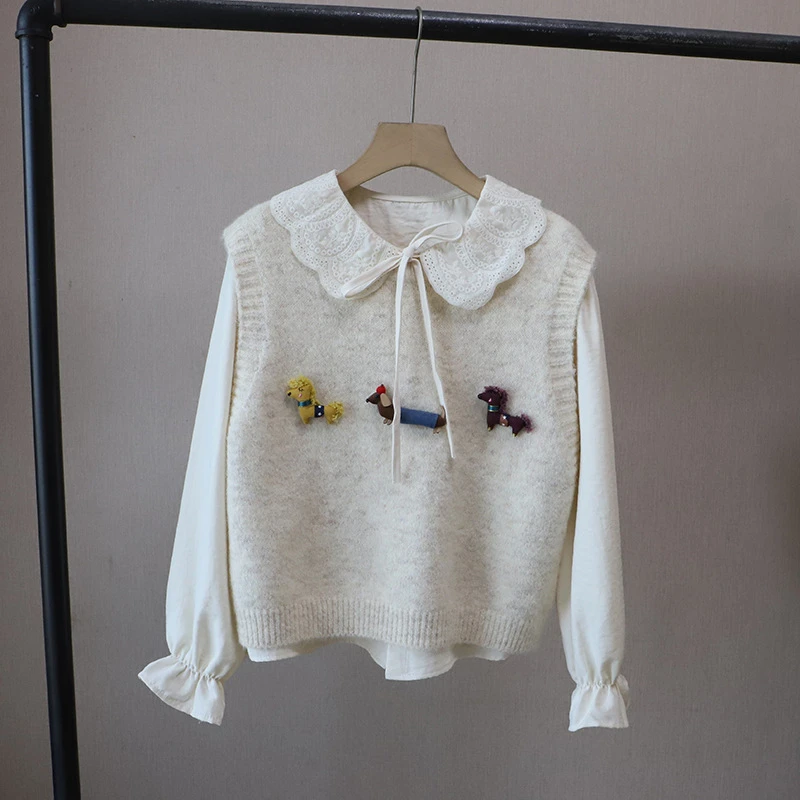 2025秋冬新款韩版甜美减龄两件套娃娃领衬衫针织马甲女