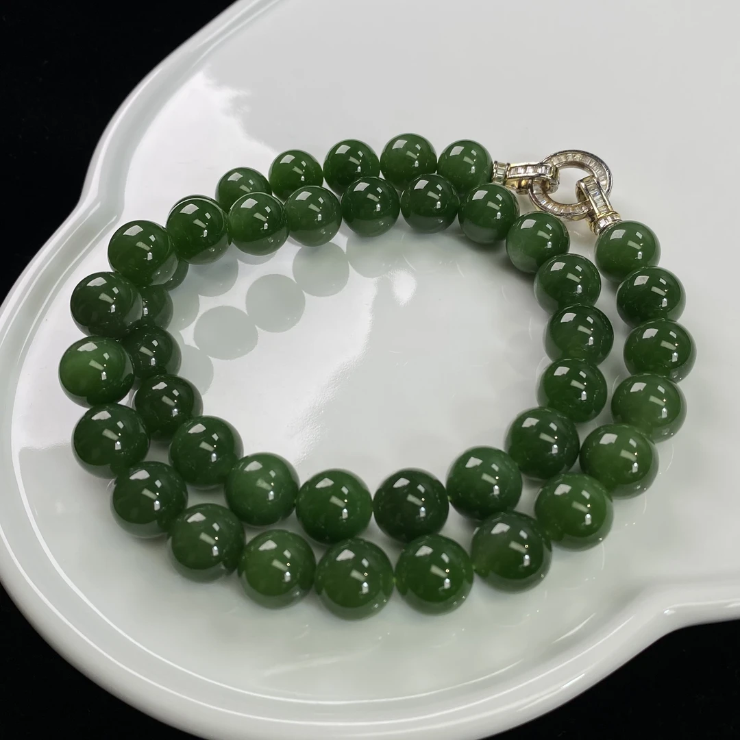 【福源珍宝】和田玉碧玉11-12MM老料菠菜绿42珠满色妈妈链