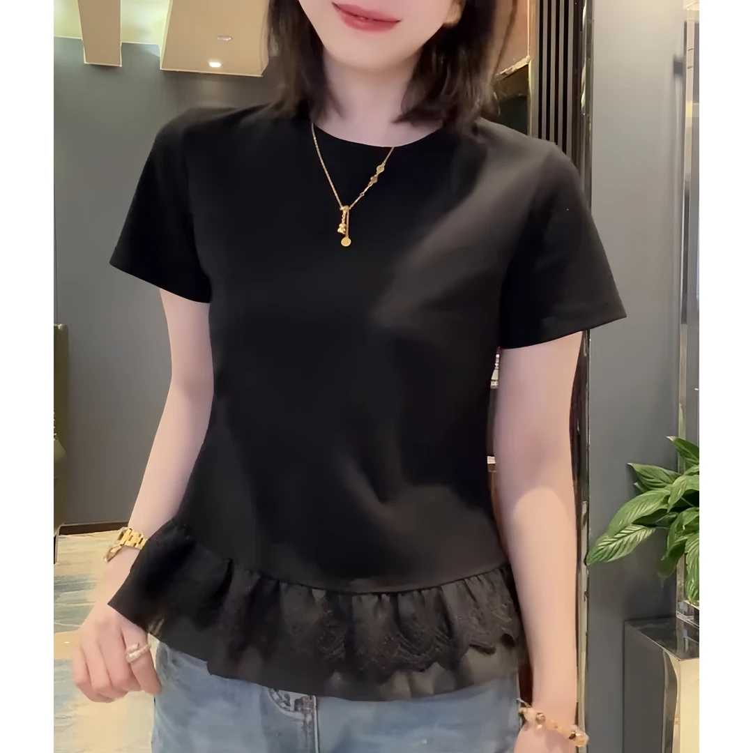 短袖T恤女春夏2025新款欧货白色圆领蕾丝下摆洋气芭蕾风打底上衣