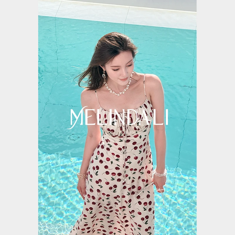Melinda Li【樱桃香颂】16mm桑蚕丝人丝双绉樱桃印花斜裁吊带连衣裙