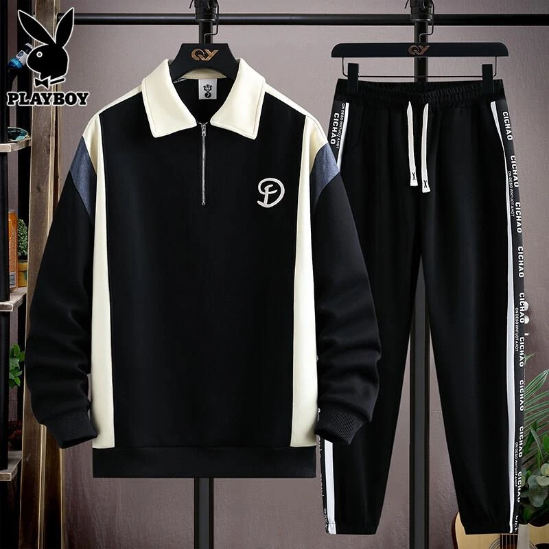 花花公子休闲运动套装男士冬季潮流重磅polo衫拼色半拉链搭配一套