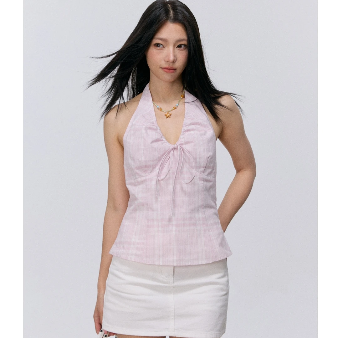 美式复古小众粉色条纹挂脖吊带背心纯欲辣妹抽绳百搭显瘦上衣女