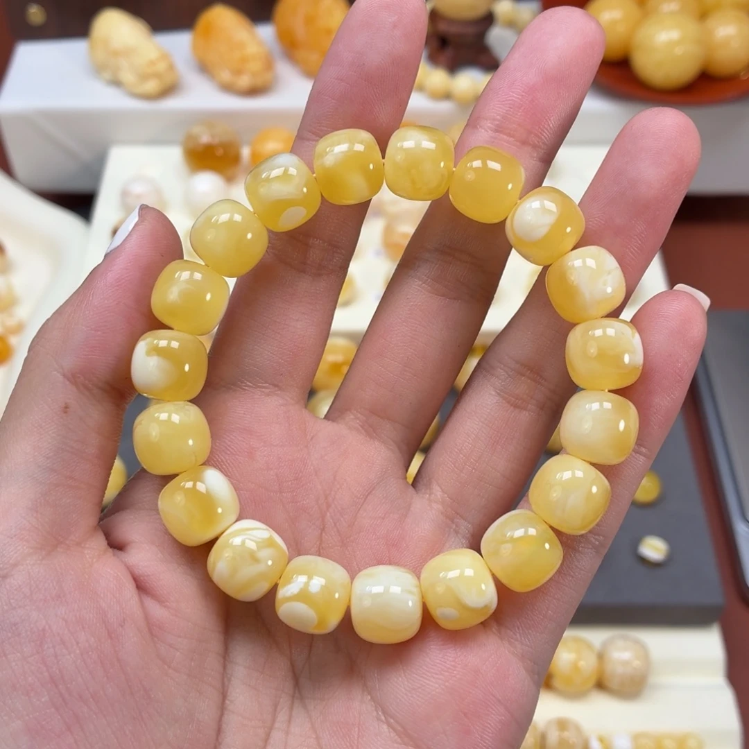 琥珀未镶嵌珠宝奇石焦皮同料瓷白花手串11