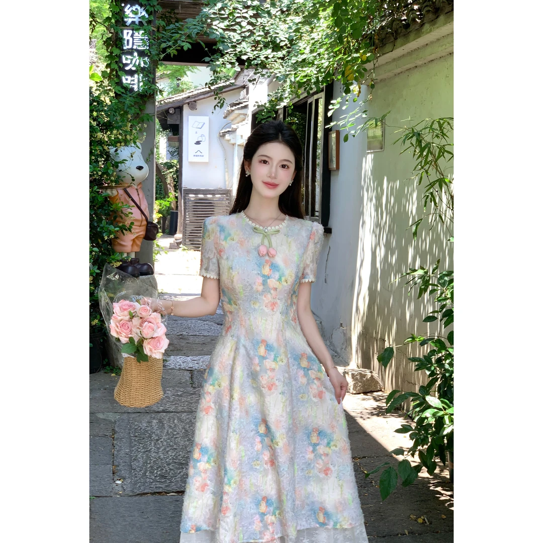 【莫奈花园】LiLi法式少女风水彩郁金香花色夏季碎花连衣裙XMZH7256