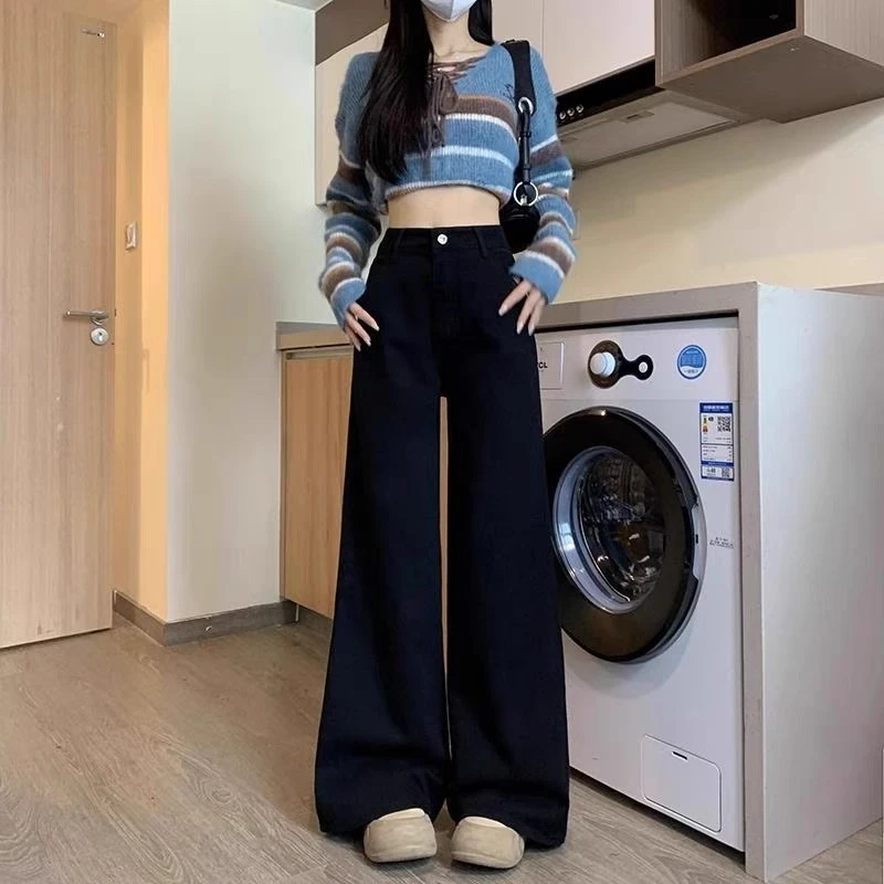 【秋季新款】黑色高腰微喇阔腿牛仔裤女2025新款宽松垂感不贴腿裤