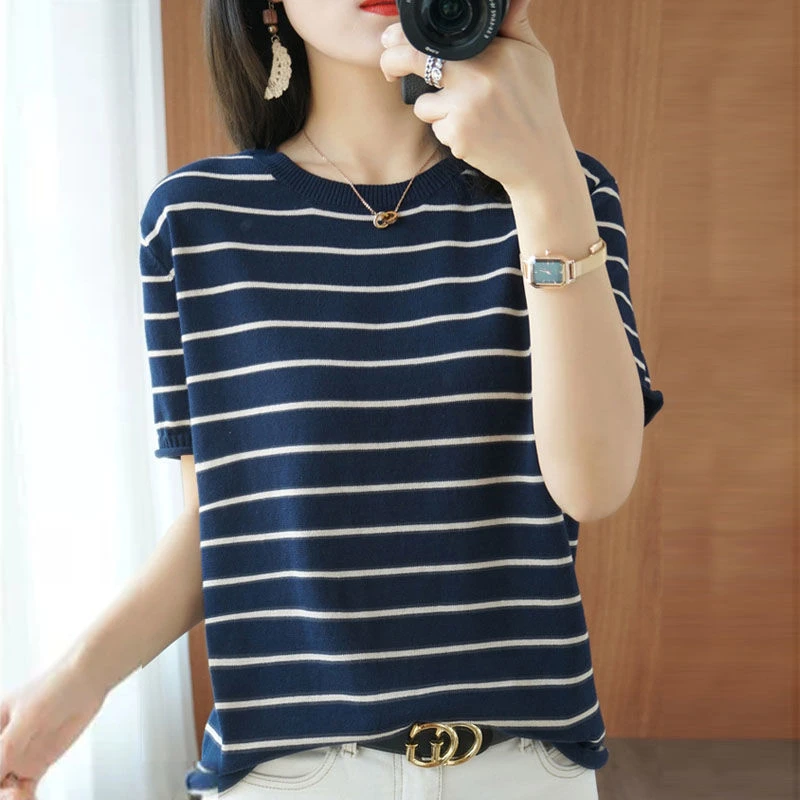 2024夏季女式针织短袖 韩版圆领条纹棉t恤宽松女上衣