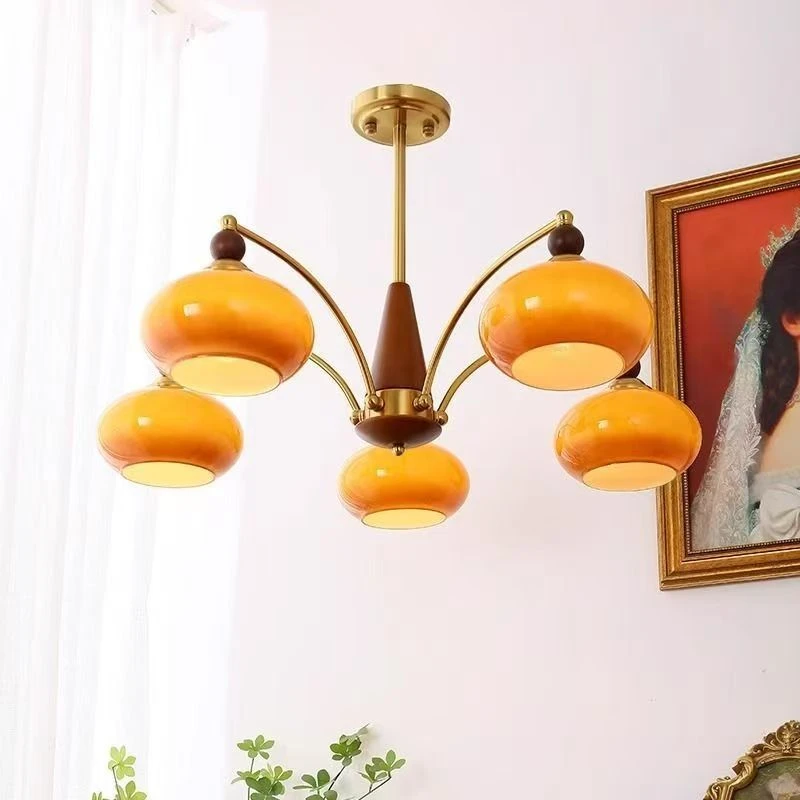 中古柿子客厅吊灯奶油风简约玻璃实木书房灯实木复古法式卧室吊灯