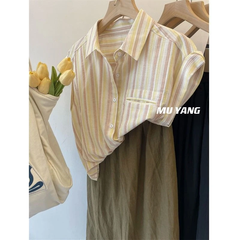 翻领无袖条纹衬衣女夏季新款韩版宽松减龄显瘦单排扣打底衫上衣