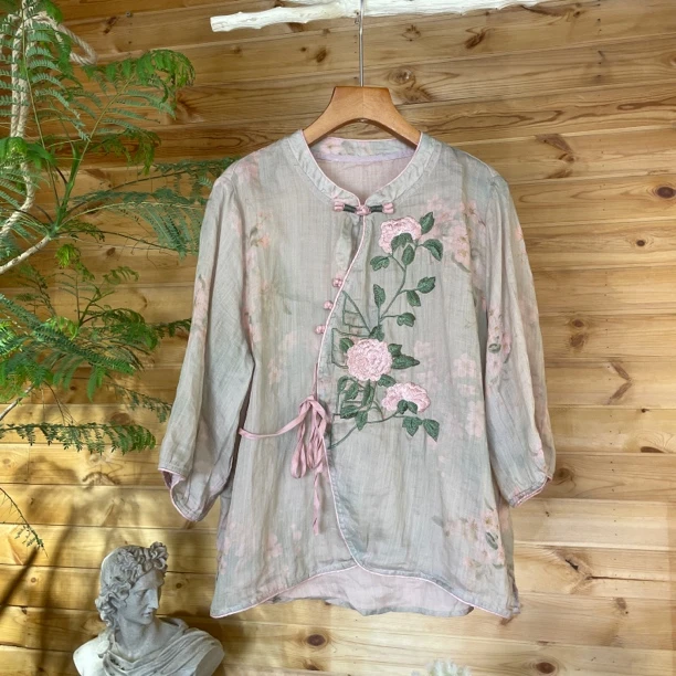 烟雨【100%苎麻】万针刺绣小衫