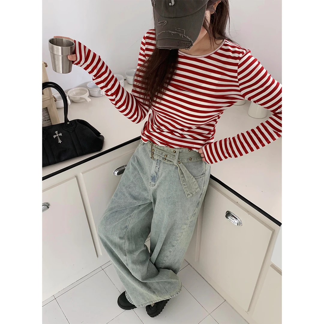 晶咕白标~经典永驻撞色条纹长袖针织内搭外穿T恤女休闲百搭上衣